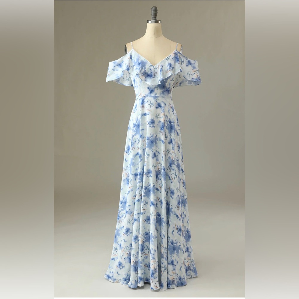 Blue A Line Off the Shoulder Floral Print Long Bridesmaid Dress